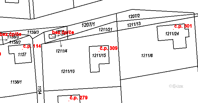 Zadní Třebaň 309 na parcele st. 1211/15 v KÚ Zadní Třebaň, Katastrální mapa