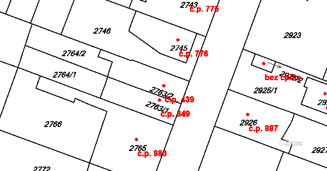 Čelákovice 439 na parcele st. 2763/2 v KÚ Čelákovice, Katastrální mapa
