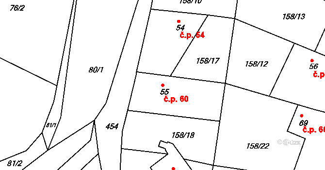 Hostěradice 60, Kamenný Přívoz na parcele st. 55 v KÚ Hostěradice, Katastrální mapa