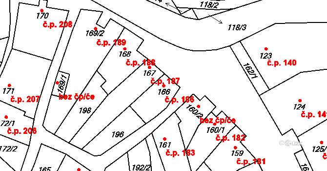 Dambořice 186 na parcele st. 166 v KÚ Dambořice, Katastrální mapa