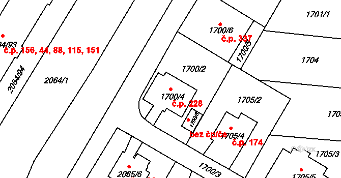 Brňany 228, Vyškov na parcele st. 1700/4 v KÚ Vyškov, Katastrální mapa