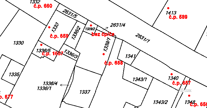 Stará Boleslav 658, Brandýs nad Labem-Stará Boleslav na parcele st. 1339/1 v KÚ Stará Boleslav, Katastrální mapa