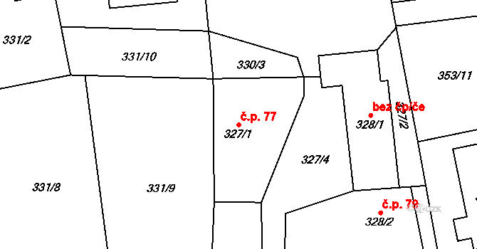 Staříč 77 na parcele st. 327/1 v KÚ Staříč, Katastrální mapa