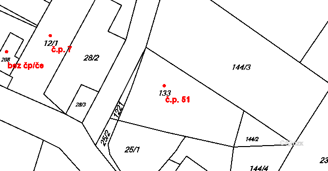 Lovečkovice 51 na parcele st. 133 v KÚ Lovečkovice, Katastrální mapa