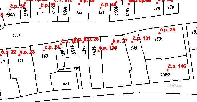 Zámostí 136, Třebíč na parcele st. 147/2 v KÚ Podklášteří, Katastrální mapa
