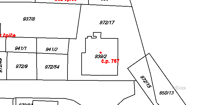 Lesná 767, Brno na parcele st. 939/2 v KÚ Lesná, Katastrální mapa