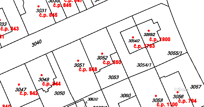 Černá Pole 850, Brno na parcele st. 3052 v KÚ Černá Pole, Katastrální mapa