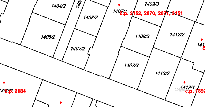 Tábor 2070,2071,2151,2152 na parcele st. 1407/1 v KÚ Tábor, Katastrální mapa