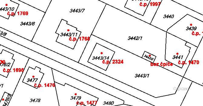 Horní Počernice 2324, Praha na parcele st. 3443/14 v KÚ Horní Počernice, Katastrální mapa