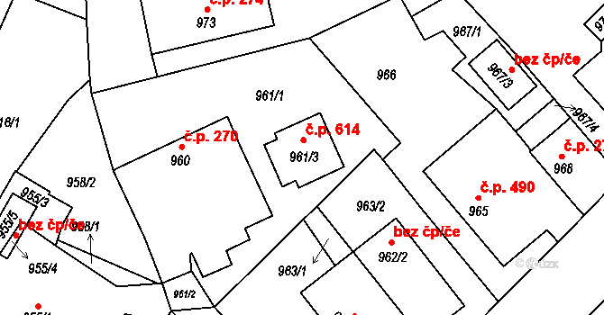 Suchdol nad Lužnicí 614 na parcele st. 961/3 v KÚ Suchdol nad Lužnicí, Katastrální mapa