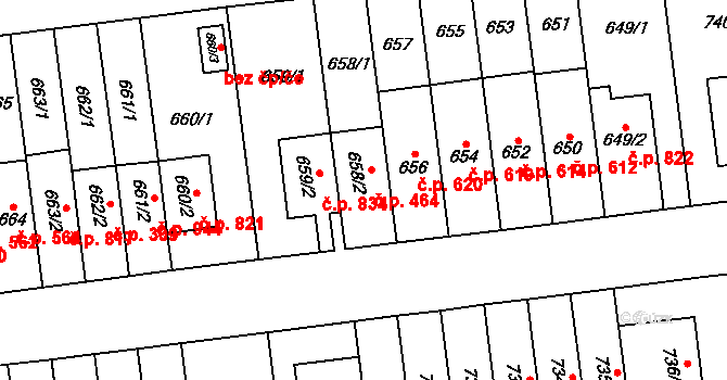 Vysočany 464, Praha na parcele st. 658/2 v KÚ Vysočany, Katastrální mapa
