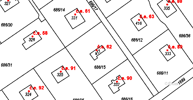 Halouny 62, Svinaře na parcele st. 417 v KÚ Svinaře, Katastrální mapa