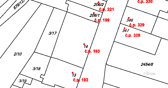Rosice 193 na parcele st. 14 v KÚ Rosice u Brna, Katastrální mapa