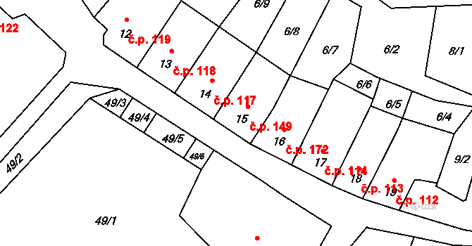 Želešice 149 na parcele st. 15 v KÚ Želešice, Katastrální mapa