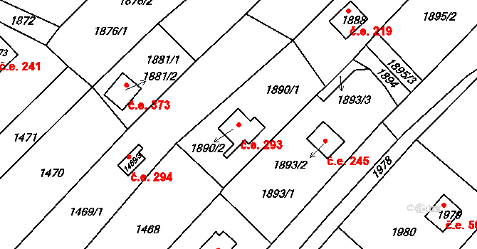 Dolní Kounice 293 na parcele st. 1890/2 v KÚ Dolní Kounice, Katastrální mapa
