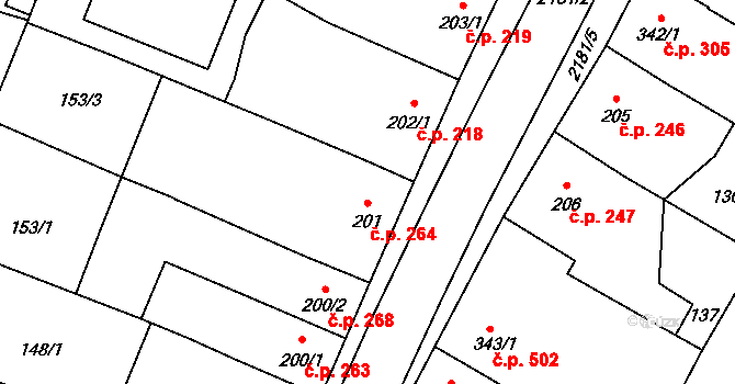 Lišov 264 na parcele st. 201 v KÚ Lišov, Katastrální mapa