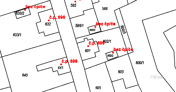 Šluknov 699 na parcele st. 601 v KÚ Šluknov, Katastrální mapa