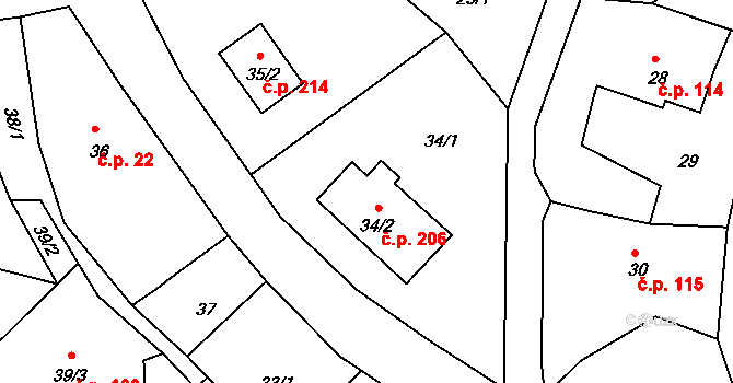Dolní Libchava 206, Česká Lípa na parcele st. 34/2 v KÚ Dolní Libchava, Katastrální mapa