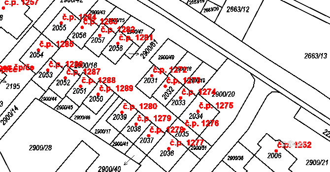 Rosice 1273 na parcele st. 2032 v KÚ Rosice u Brna, Katastrální mapa