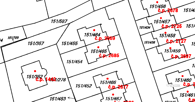 Stodůlky 2685, Praha na parcele st. 151/465 v KÚ Stodůlky, Katastrální mapa