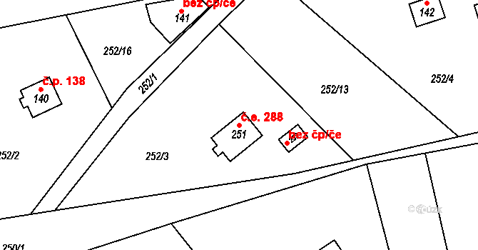 Zálepy 288, Dolní Břežany na parcele st. 251 v KÚ Lhota u Dolních Břežan, Katastrální mapa