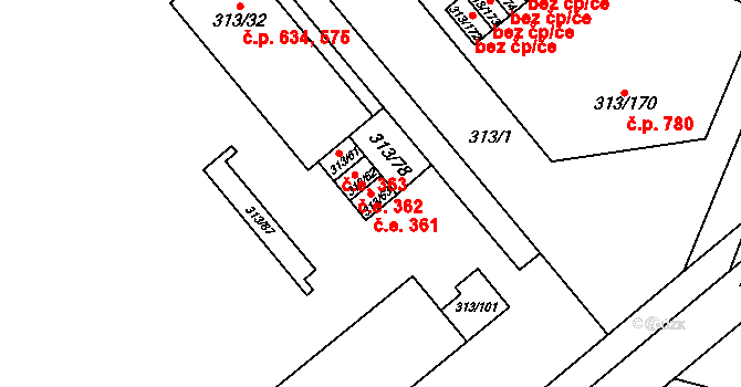Vyškov-Předměstí 361, Vyškov na parcele st. 313/63 v KÚ Vyškov, Katastrální mapa