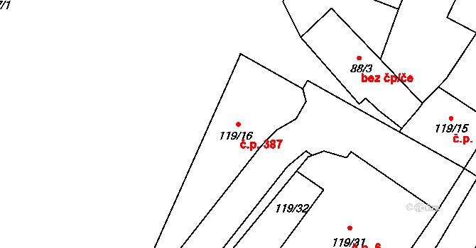 Žďár nad Sázavou 1 387, Žďár nad Sázavou na parcele st. 119/16 v KÚ Město Žďár, Katastrální mapa