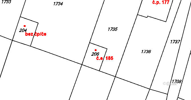 Povlčín 185, Milostín na parcele st. 206 v KÚ Milostín, Katastrální mapa