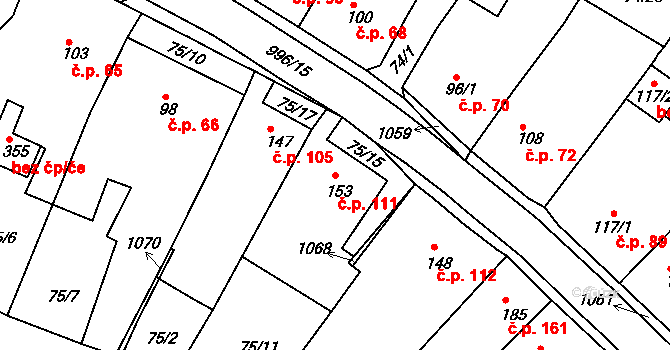 Obrnice 111 na parcele st. 153 v KÚ Obrnice, Katastrální mapa