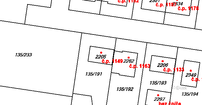 Podklášteří 1149, Třebíč na parcele st. 2205 v KÚ Podklášteří, Katastrální mapa