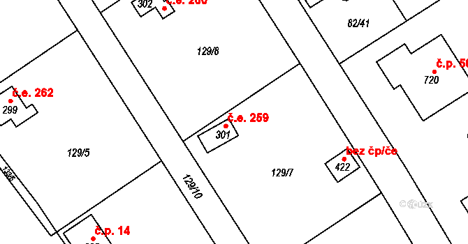 Černolice 259 na parcele st. 301 v KÚ Černolice, Katastrální mapa