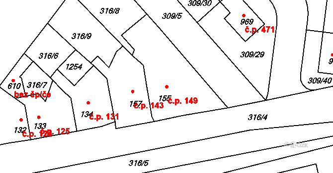 Nučice 149 na parcele st. 155 v KÚ Nučice u Rudné, Katastrální mapa
