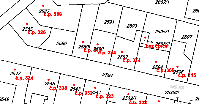 Veselí nad Lužnicí I 344, Veselí nad Lužnicí na parcele st. 2590 v KÚ Veselí nad Lužnicí, Katastrální mapa