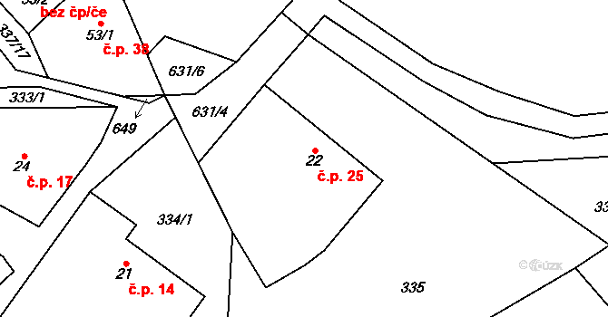 Kocourov 25, Mochtín na parcele st. 22 v KÚ Kocourov, Katastrální mapa