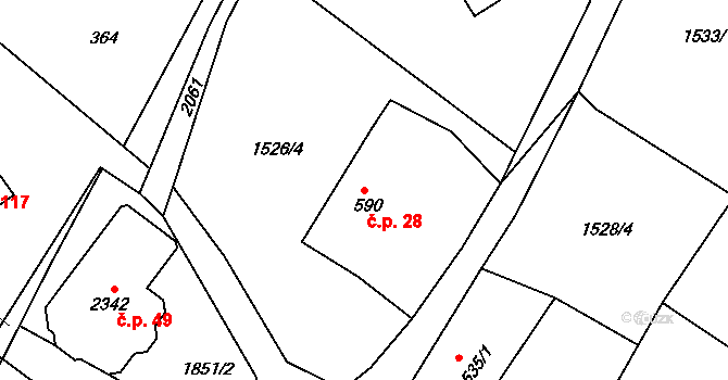 Konopáč 28, Heřmanův Městec na parcele st. 590 v KÚ Heřmanův Městec, Katastrální mapa