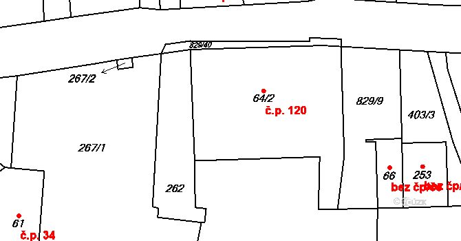 Machov 120 na parcele st. 64/2 v KÚ Machov, Katastrální mapa