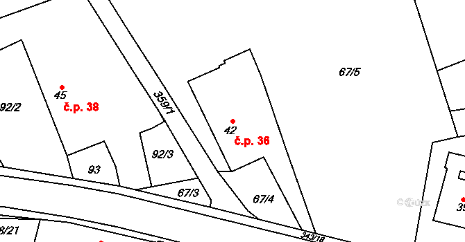 Hrádek 36, Srch na parcele st. 42 v KÚ Hrádek u Pardubic, Katastrální mapa
