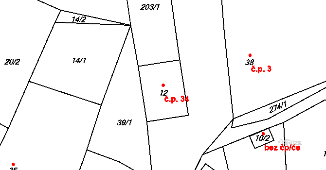 Smederov 34, Ždírec na parcele st. 12 v KÚ Smederov, Katastrální mapa