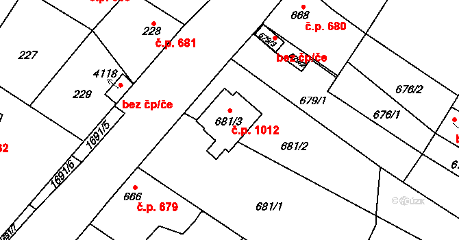 Sadská 1012 na parcele st. 681/3 v KÚ Sadská, Katastrální mapa