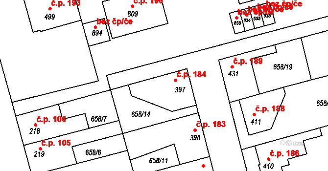 Olšany 184, Brandýsek na parcele st. 397 v KÚ Brandýsek, Katastrální mapa
