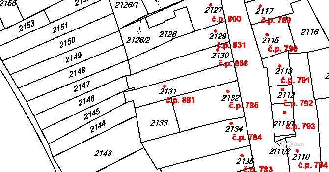 Slavíkovice 881, Rousínov na parcele st. 2131 v KÚ Rousínov u Vyškova, Katastrální mapa