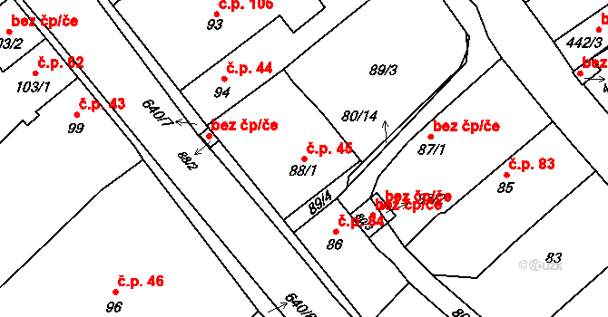 Choryně 45 na parcele st. 88/1 v KÚ Choryně, Katastrální mapa