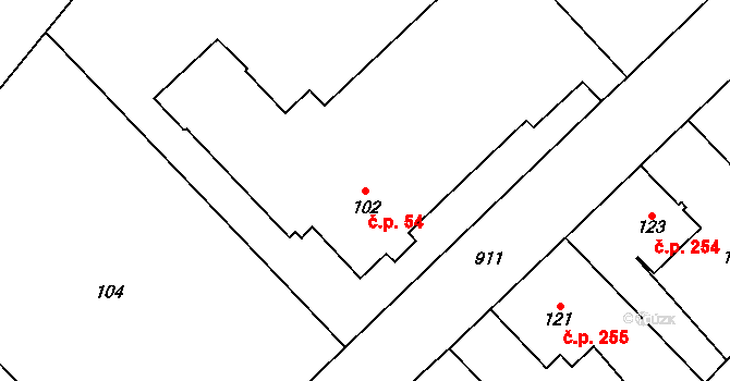 Milovice 54 na parcele st. 102 v KÚ Milovice nad Labem, Katastrální mapa