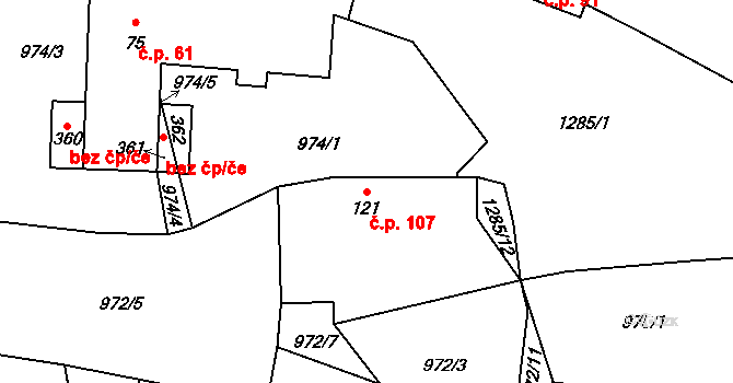 Střelské Hoštice 107 na parcele st. 121 v KÚ Střelské Hoštice, Katastrální mapa