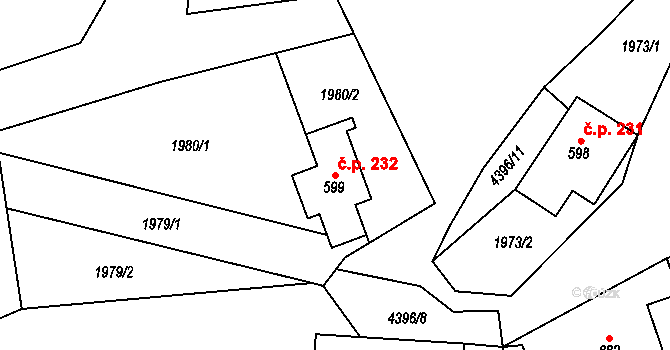Heřmanovice 232 na parcele st. 599 v KÚ Heřmanovice, Katastrální mapa