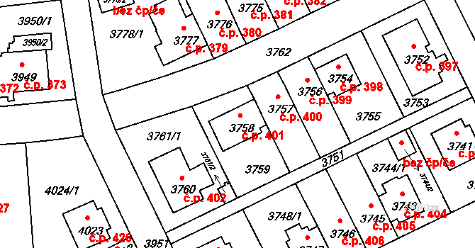 Záběhlice 401, Praha na parcele st. 3758 v KÚ Záběhlice, Katastrální mapa
