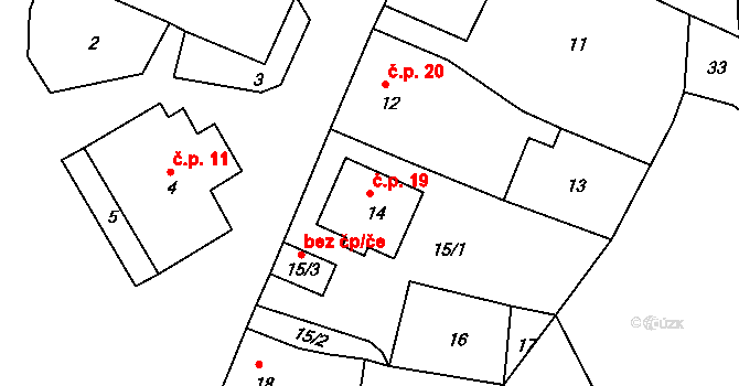 Červený Hrádek 19, Jirkov na parcele st. 14 v KÚ Červený Hrádek u Jirkova, Katastrální mapa