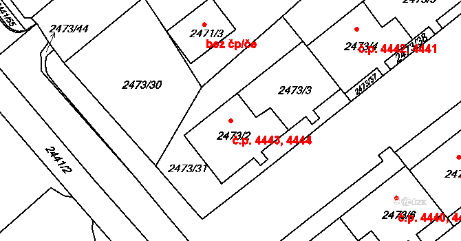 Chomutov 4443,4444 na parcele st. 2473/2 v KÚ Chomutov II, Katastrální mapa