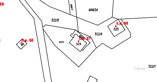 Kanice 57 na parcele st. 524 v KÚ Kanice, Katastrální mapa