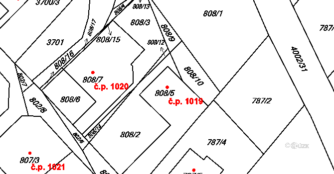 Fryštát 1019, Karviná na parcele st. 808/5 v KÚ Karviná-město, Katastrální mapa